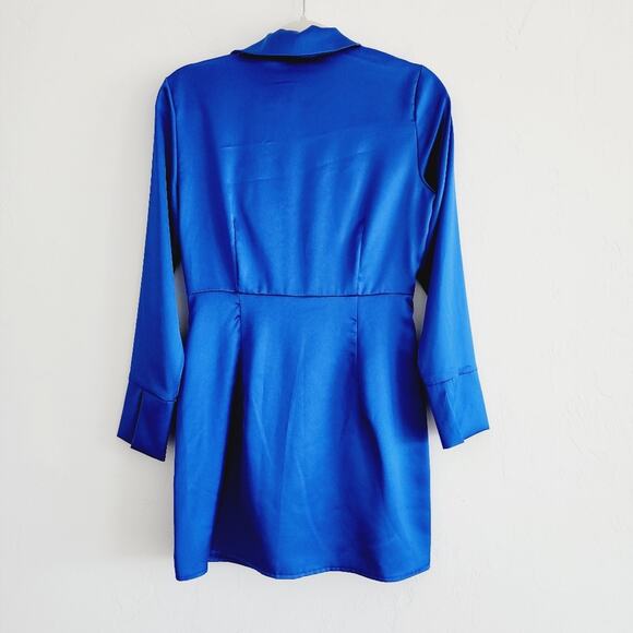 Zara Blue Satin Effect Long Sleeve Knotted Dress Lapel Collar Size Small - Picture 5 of 9